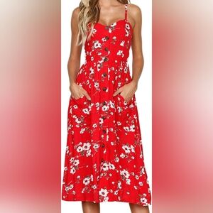 Red & White Floral Summer Spaghetti Strap Dress